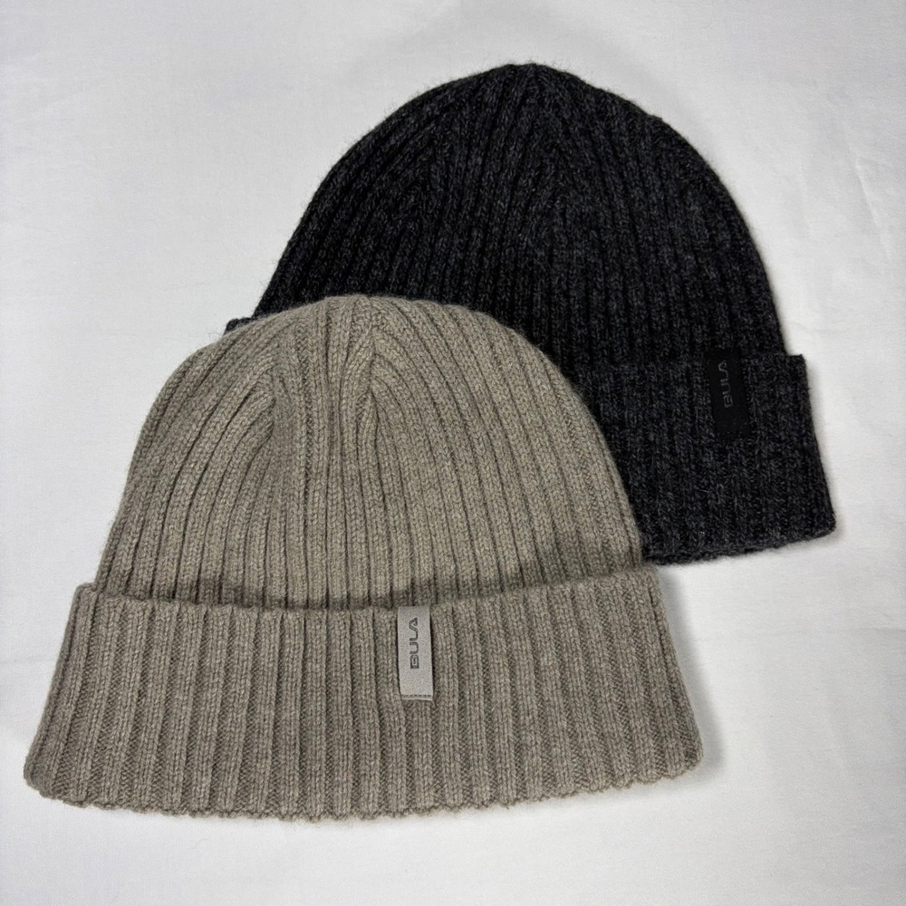 Bula Mens Merino Wool Blend Ribbed Beanie Hat 2 Pack Black Grey Fleece Lined OS